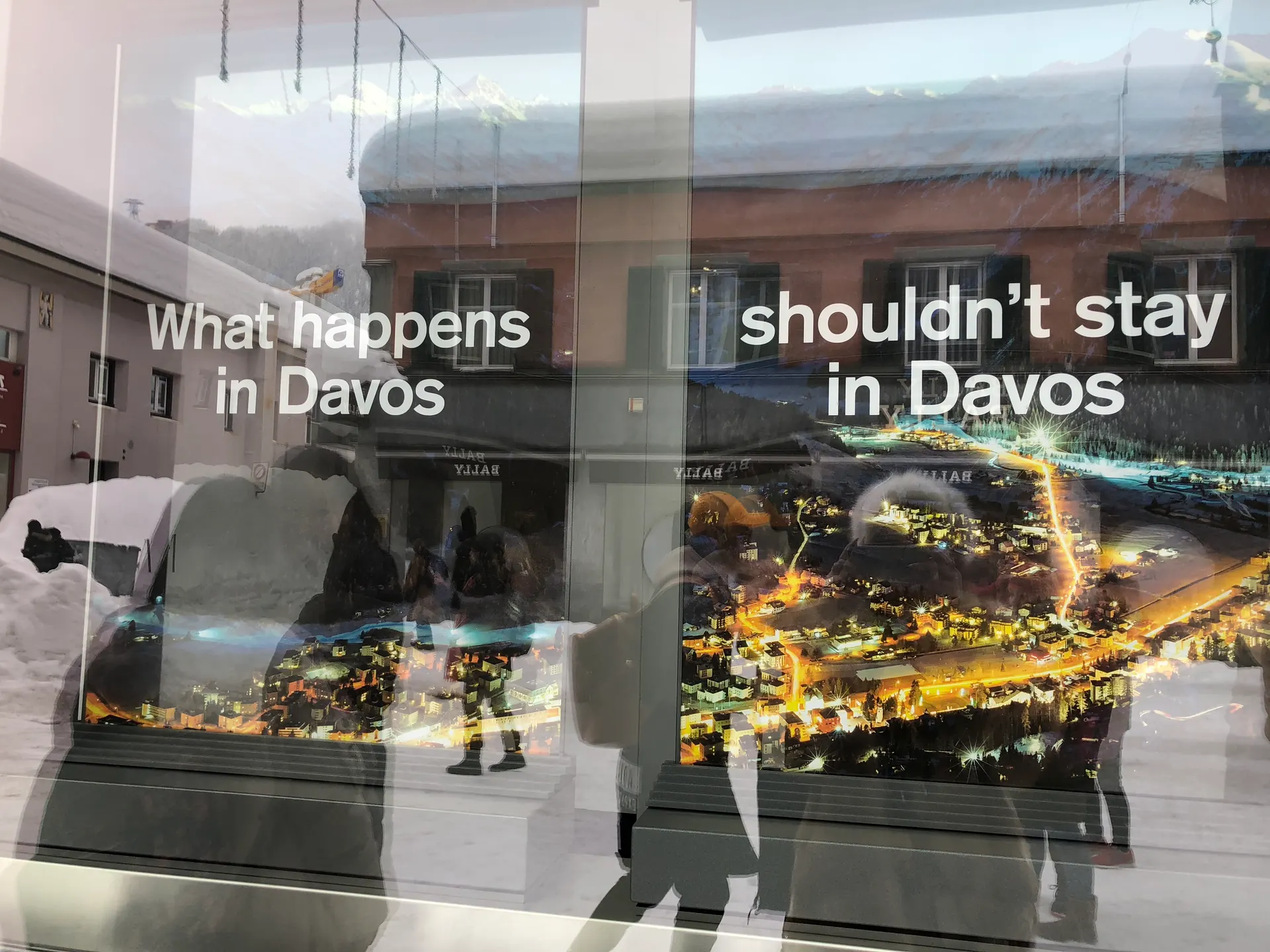 A shop window on the Promenade reading 'What happens in Davos shouldn't stay in Davos'